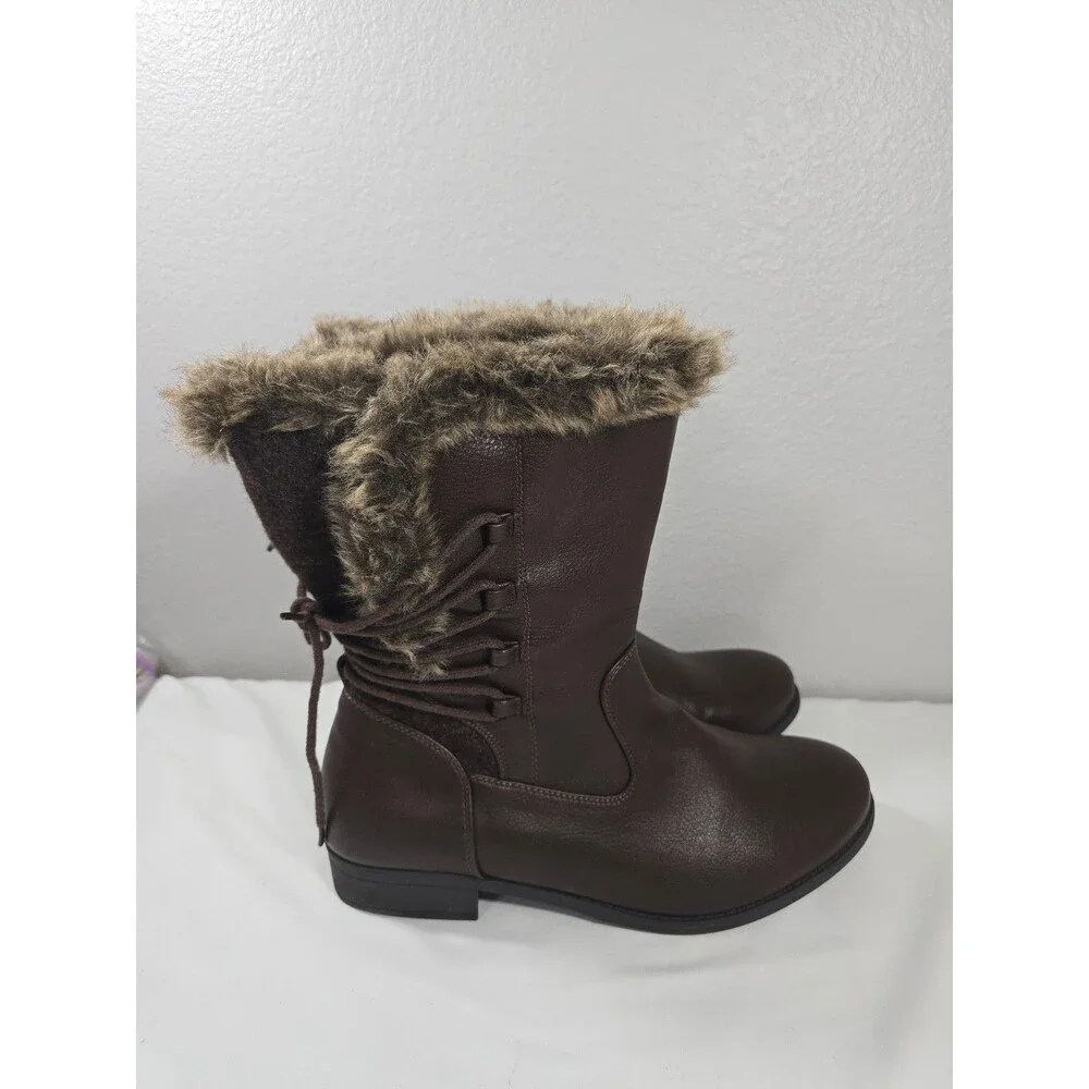 Torrid Faux Fur Trimmed Mid-Calf Boots Brown Lace up Size 12W Wide Calf